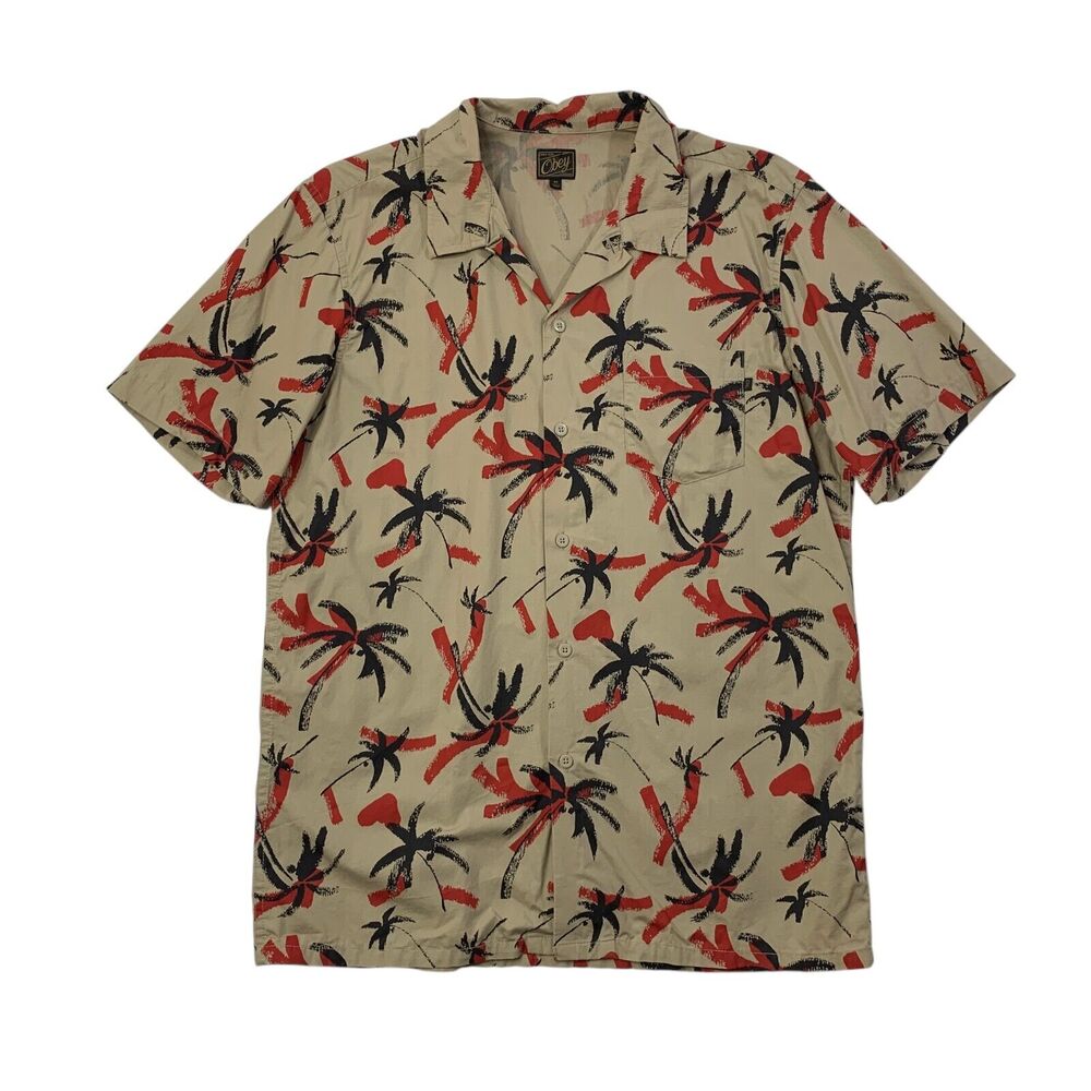 Obey Shirt Mens Medium Parchment Hawaiian Palm Coconut Tree Woven Short Sleeve